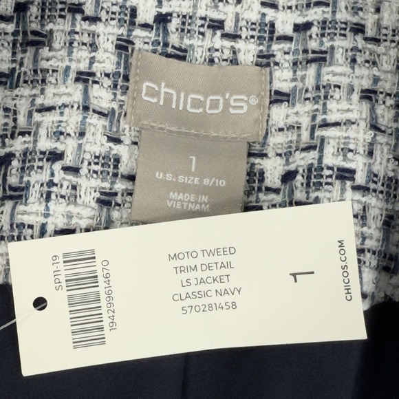 Chico's Moto Tweed Trim Detail LS Jacket Size 1 8-10 Classic Navy 1/2 Zip NWT - Picture 3 of 16